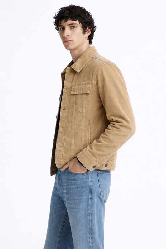 Beige Corduroy Jacket with Button Closure & Chest Logo Patch