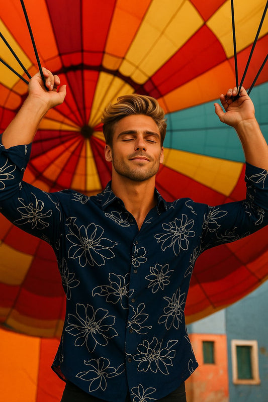 Black Floral Outline Print Slim Fit Shirt for Men | Modern Party & Casual Wear