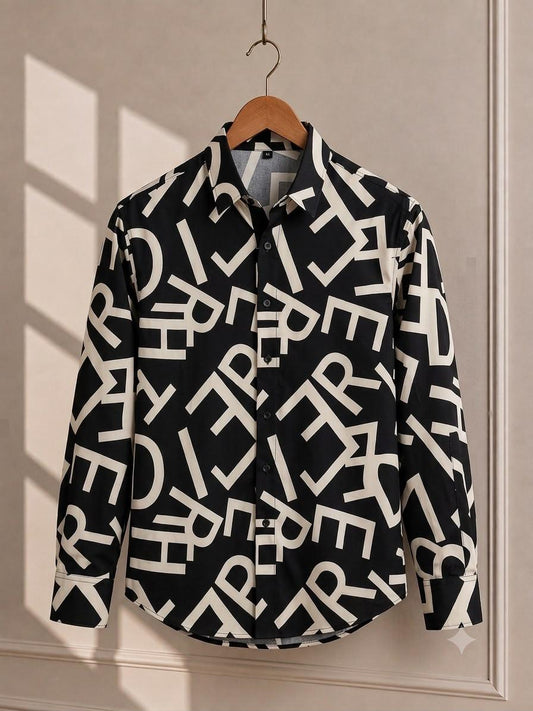 Black and white abstract letter print full sleeve shirt on hanger