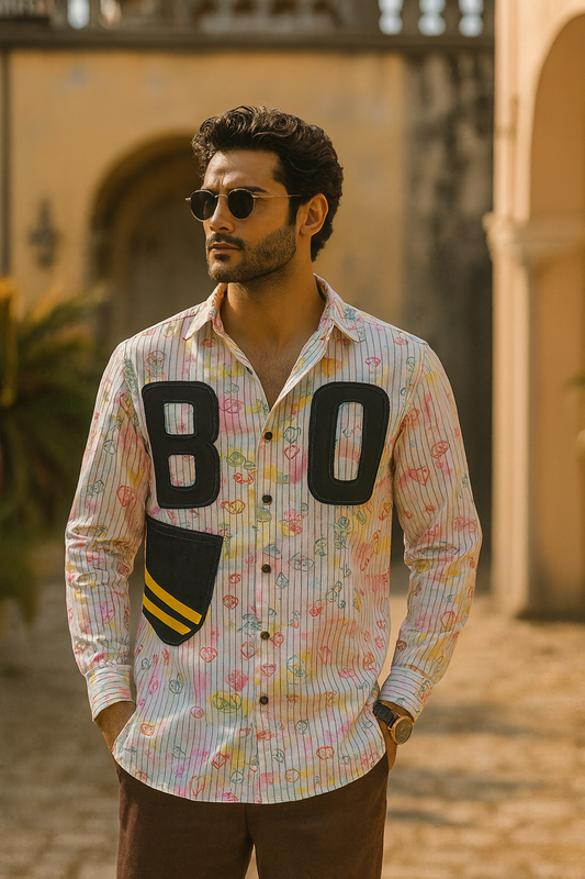 Men’s Oversized Multi-Color Graffiti Print Shirt – Trendy Streetwear with 3D Patch Detailing (BO Design)