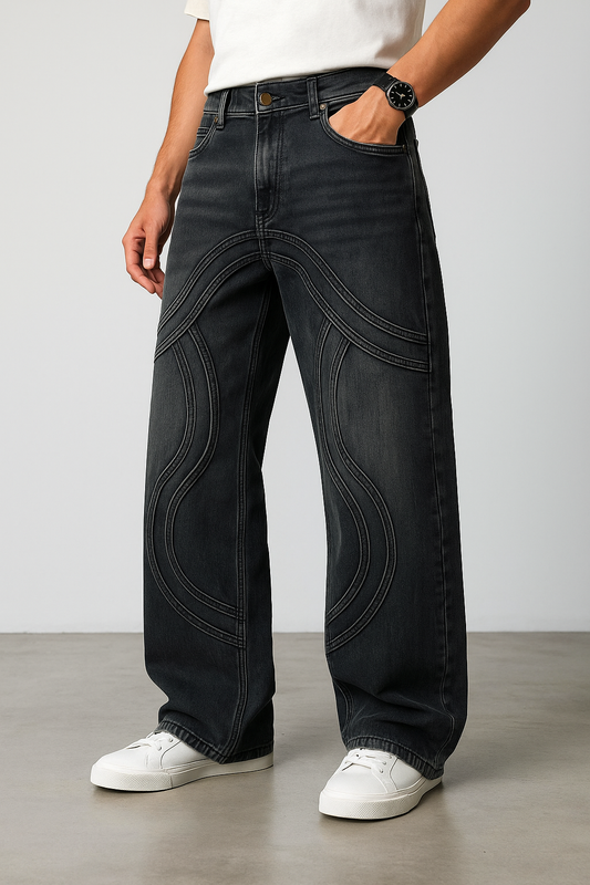 Men’s Black Laser-Pattern Wide-Leg Denim Jeans