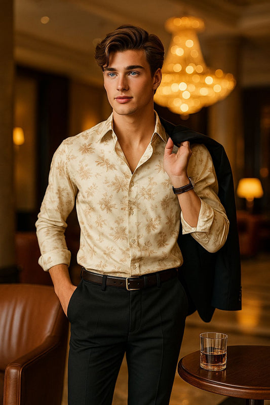 Beige Floral Satin Shirt for Men | Luxury Slim Fit Party Wear