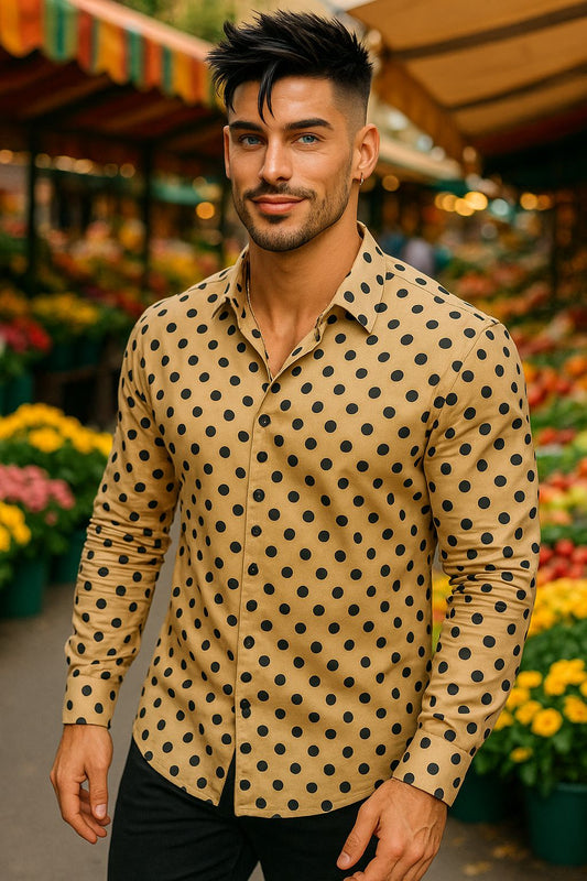 Beige Polka Dot Slim Fit Shirt for Men | Trendy Casual & Party Wear