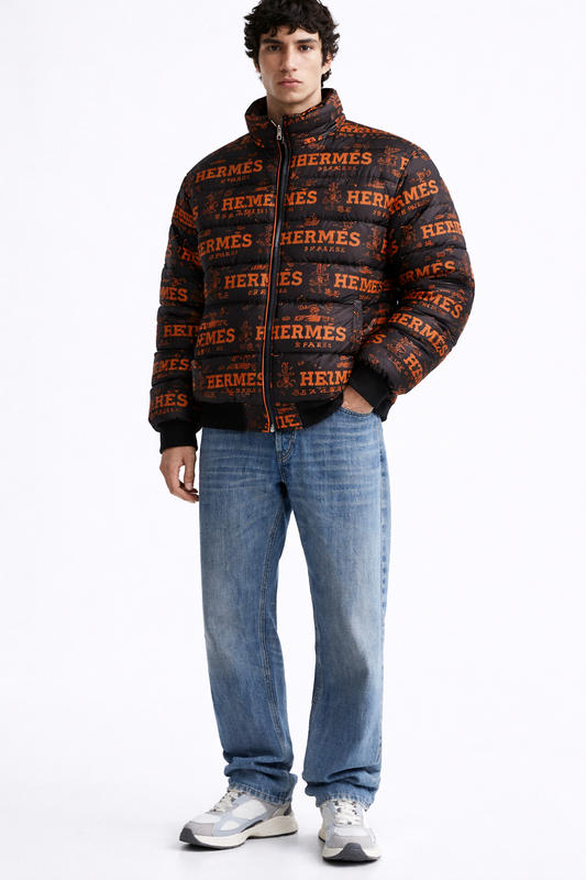 Men’s Black Puffer Jacket with All-Over Luxury Print | Premium Winter Streetwear Jacket