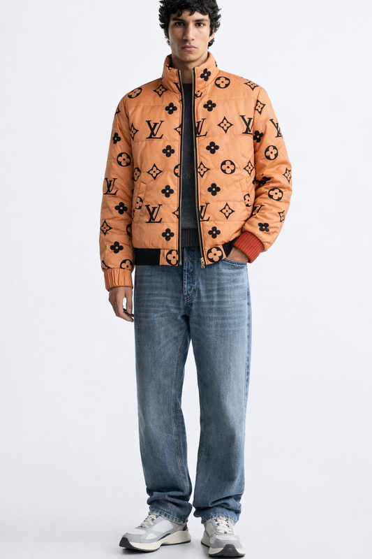 Men’s Monogram Print Puffer Jacket – Orange Luxury Style Insulated Bomber Coat