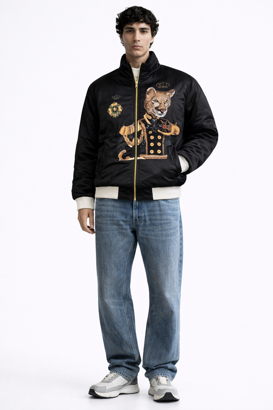 Men’s Black Graphic Puffer Jacket with Royal Leopard Artwork | Premium Winter Streetwear Jacket