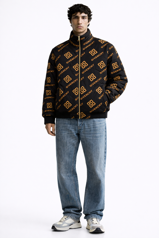 Men’s Black Luxury Monogram Puffer Jacket | Premium Winter Streetwear with Gold Zip