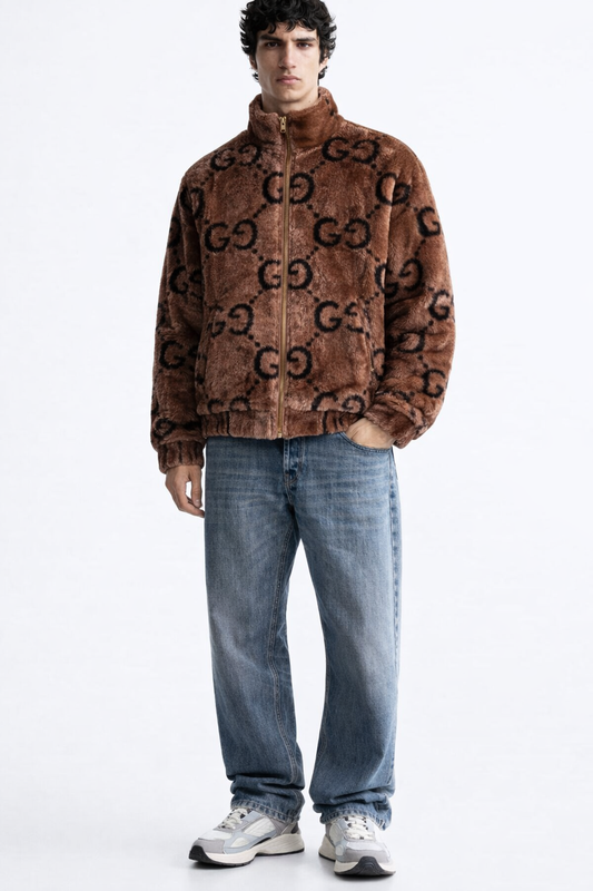 Men’s Monogram Print Faux Fur Bomber Jacket – Luxury Brown Plush Zip-Up Coat