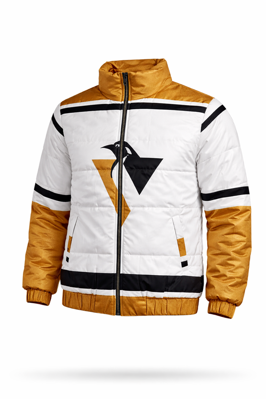 Men’s Colorblock Puffer Jacket – White & Mustard Winter Jacket