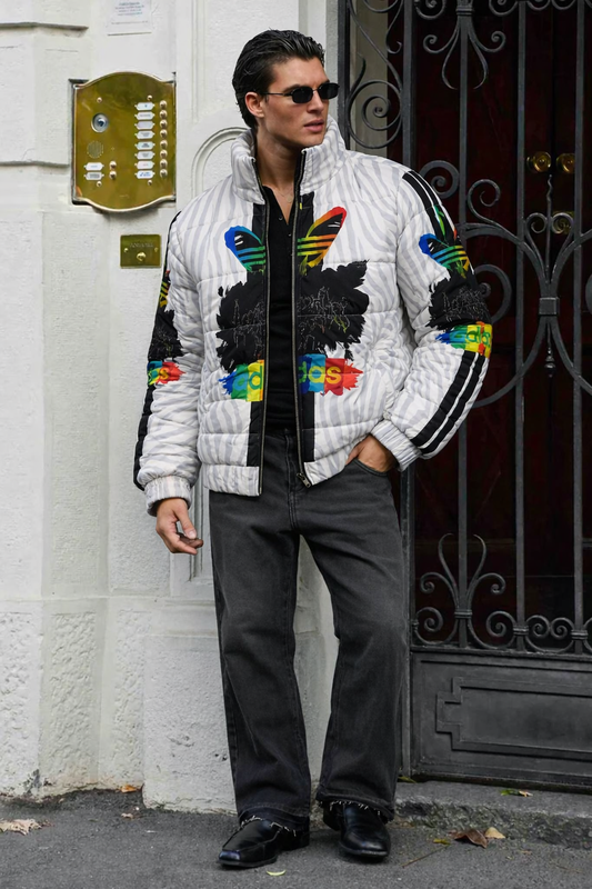 Men’s White Printed Puffer Jacket – Graphic Winter Jacket