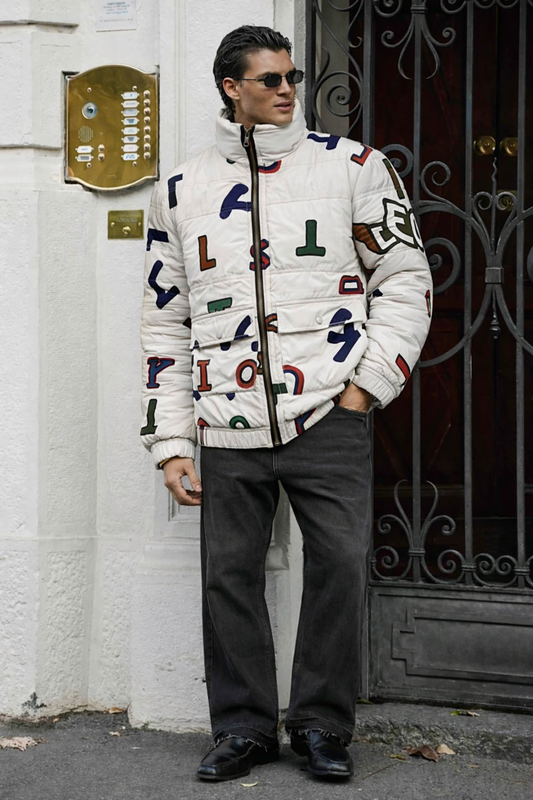 Men’s Off-White Printed Puffer Jacket – Casual Winter Jacket