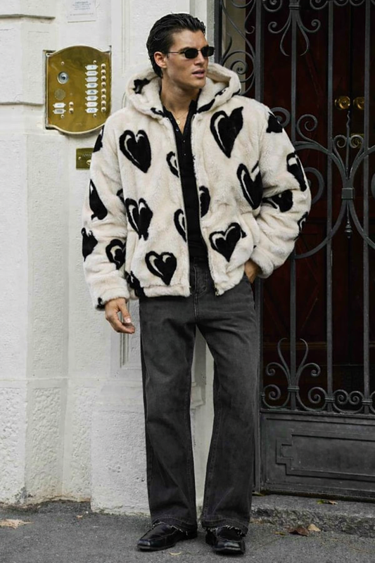 Men’s Hooded Sherpa Fleece Jacket – Heart Print Winter Jacket (Off White)