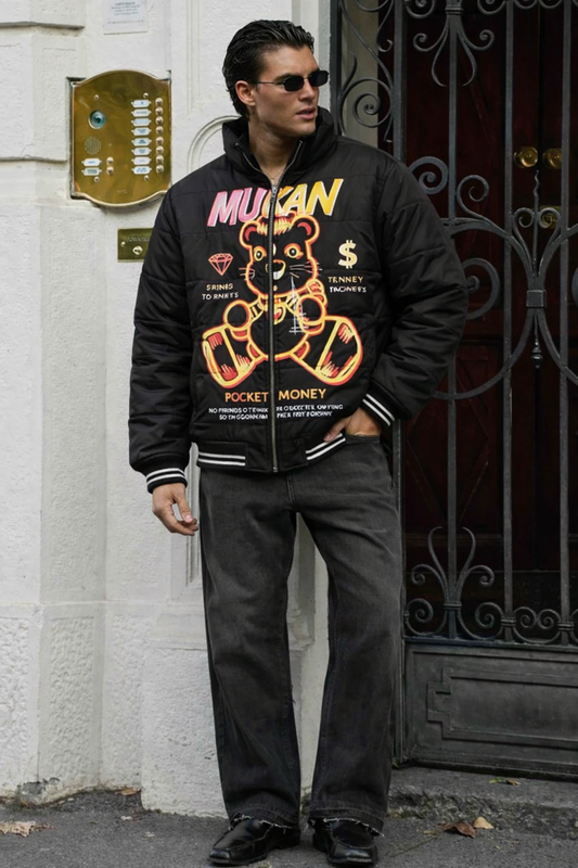 Men’s Black Graphic Puffer Jacket – Street Style Winter Jacket