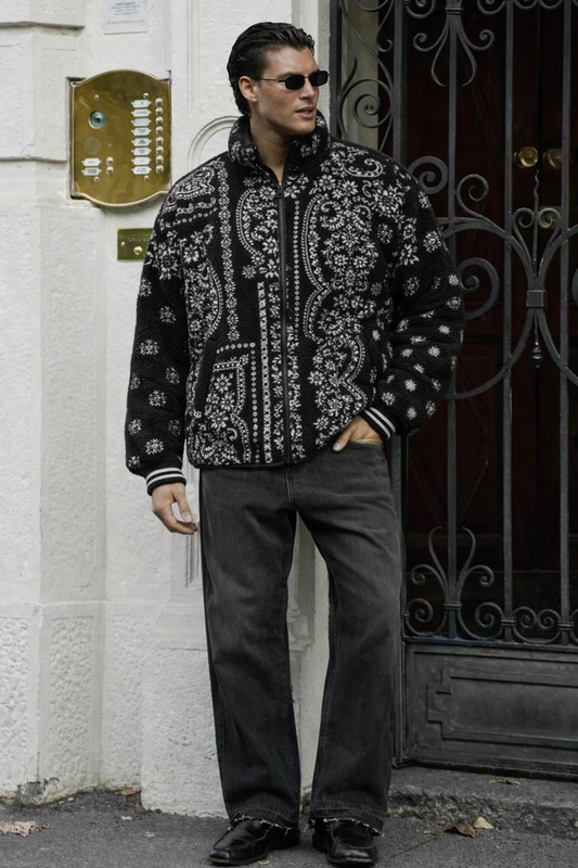 Men’s Premium Sherpa Fleece Printed Winter Jacket – Black