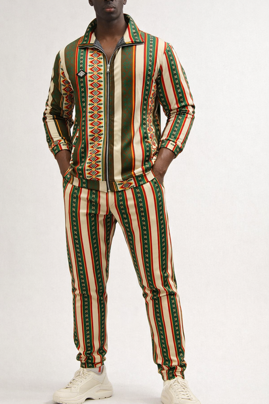 Men’s Luxury Ethnic Stripe Cord Set | Designer Printed Zip Jacket & Slim Fit Pants Co-Ord