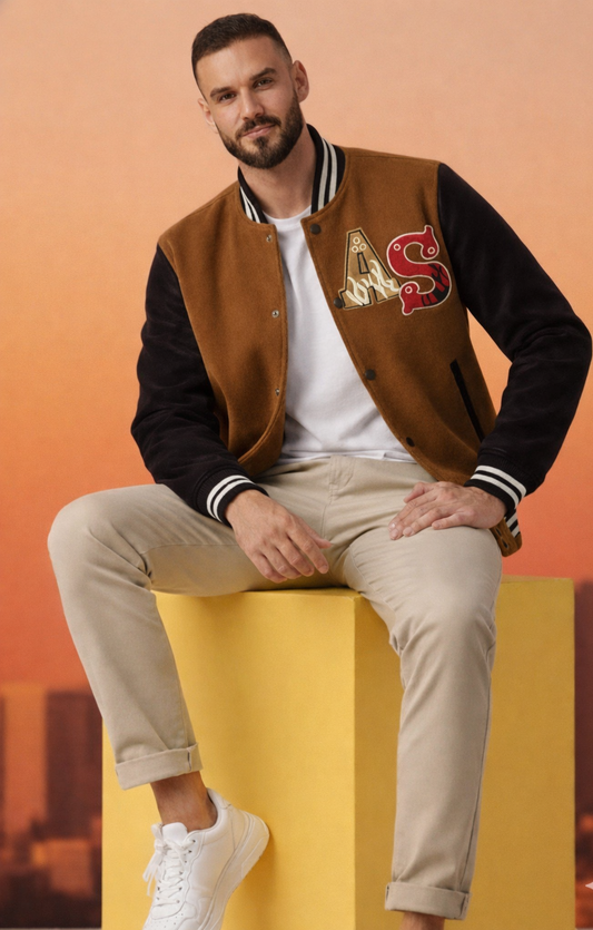 Men’s Premium Brown & Black Varsity Jacket – Classic Streetwear Style