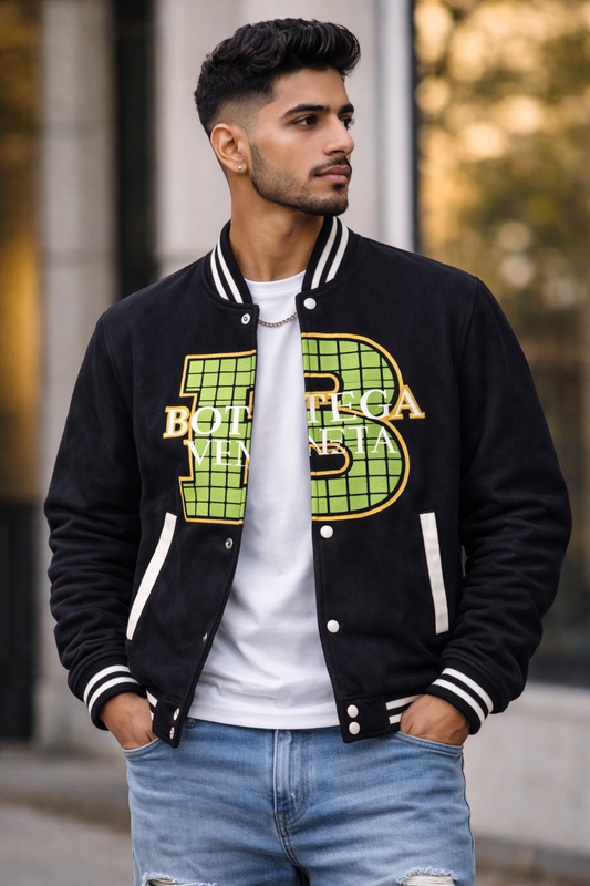 Men’s Black Varsity Jacket with Bold “B” Graphic Print