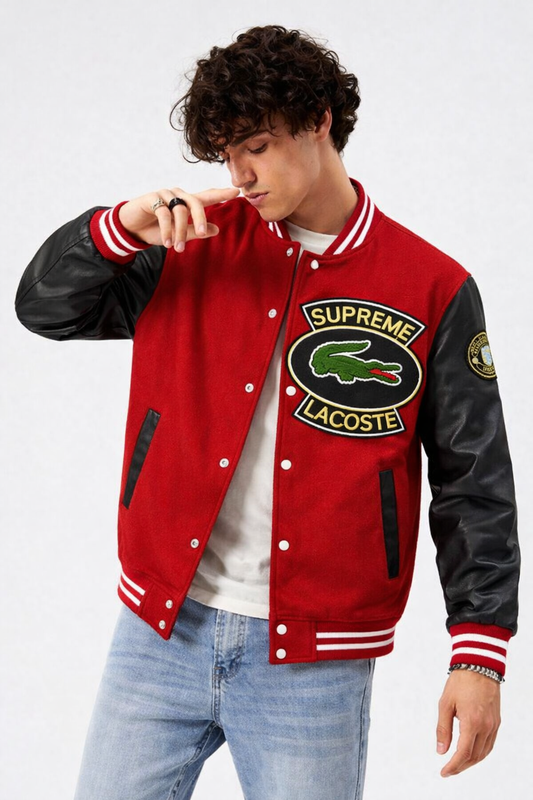 Men’s Red Varsity Bomber Jacket with Embroidered Crocodile Patch & PU Leather Sleeves