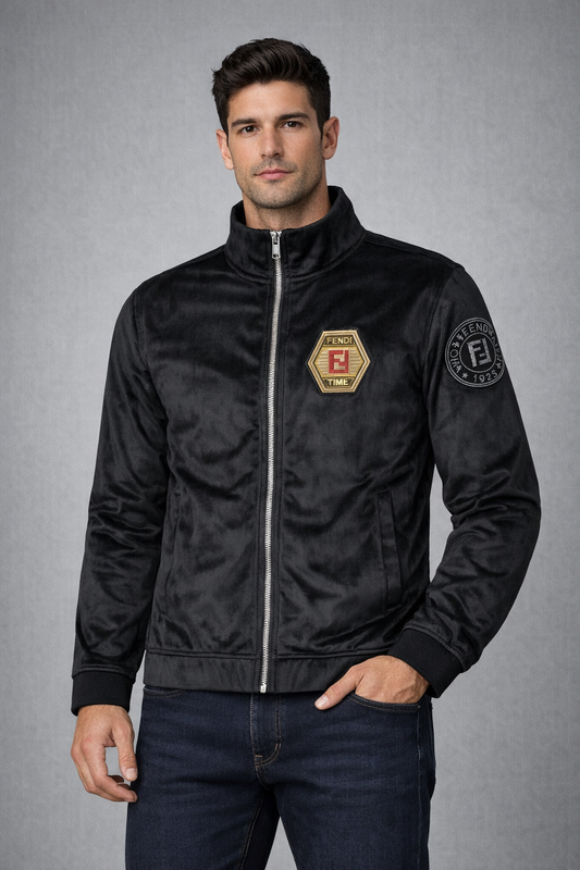 Black Velvet Zip-Up Jacket with Logo Patch