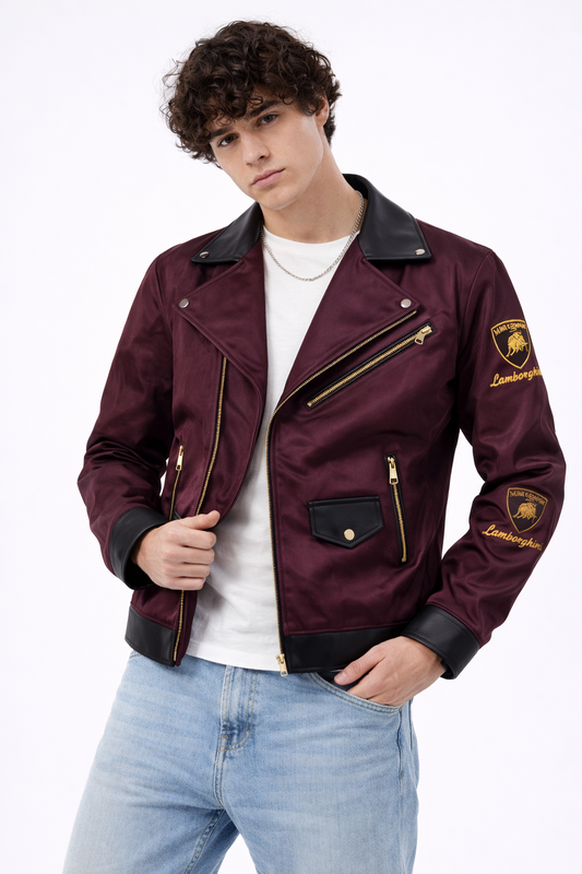 Lamborghini Inspired Wine Biker Jacket with Gold Zipper Detailing