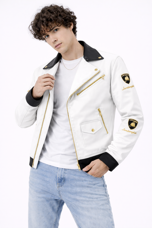 Men’s White Premium Biker Jacket with Gold Detailing