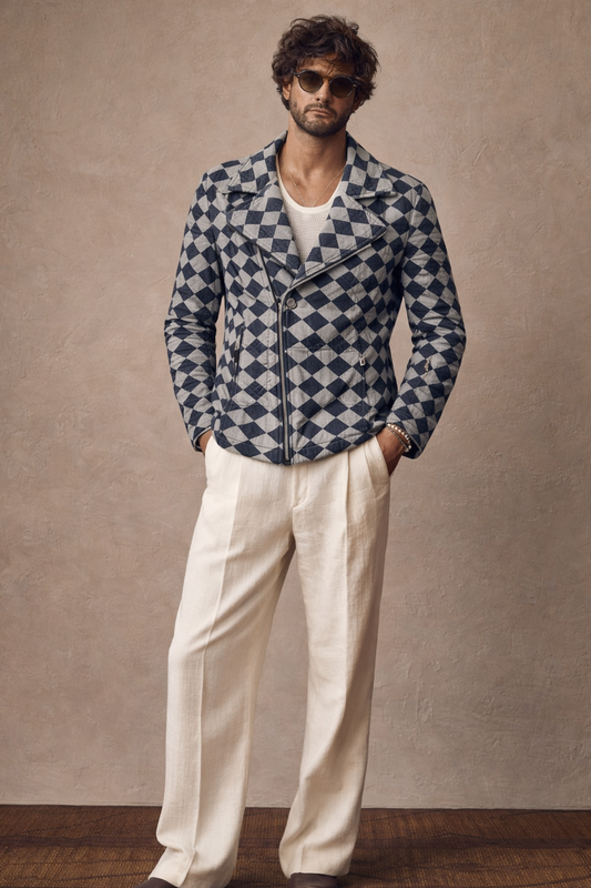 Men’s Geometric Printed Asymmetrical Zip Jacket – Blue & Ivory