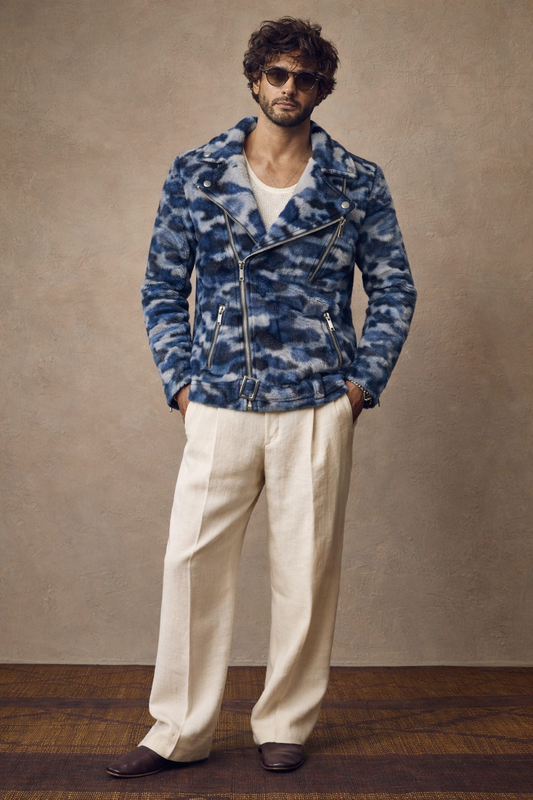 Men’s Geometric Printed Jacket – Side View | Blue & Ivory