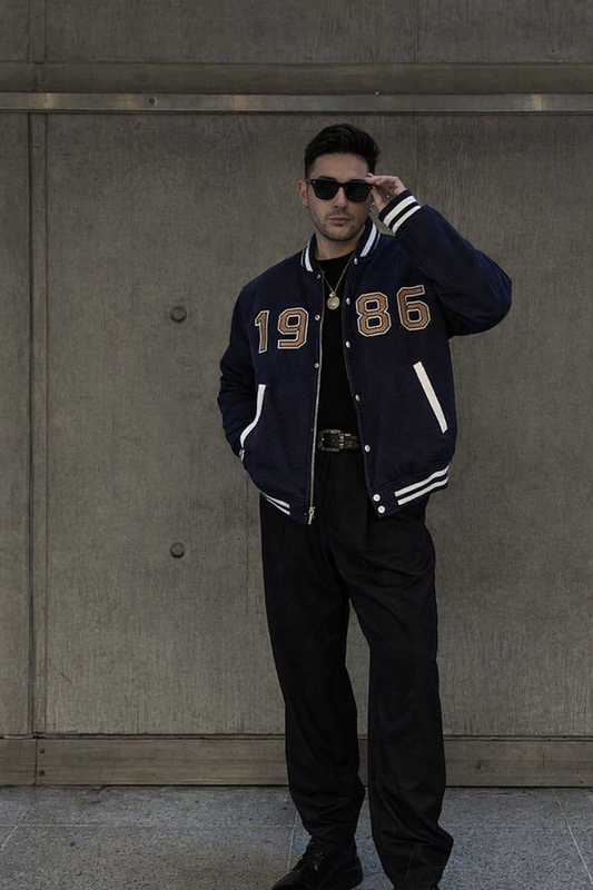 Navy Blue Varsity Bomber Jacket with 1986 Front Print