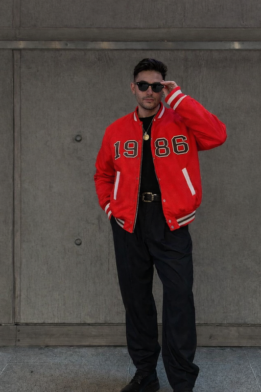 Red Varsity Bomber Jacket with 1986 Print – Classic Streetwear Style