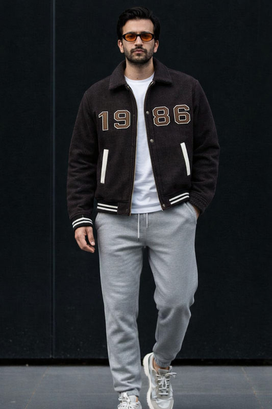 Brown Varsity Bomber Jacket with 1986 Print – Classic Streetwear Style