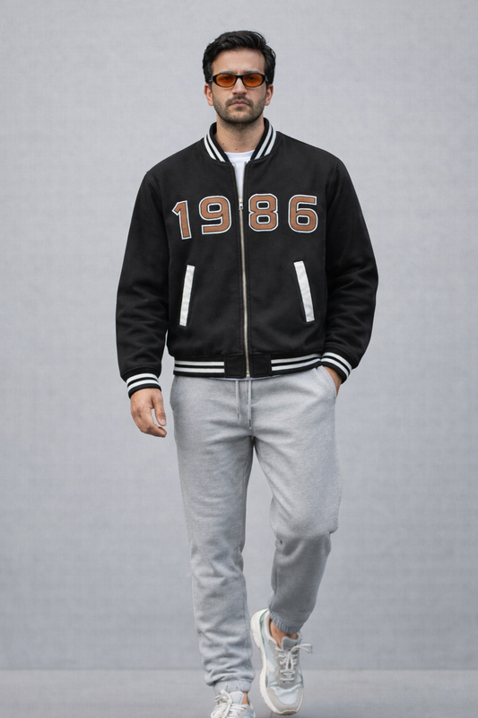 Black Varsity Bomber Jacket with 1986 Print – Classic Streetwear Style