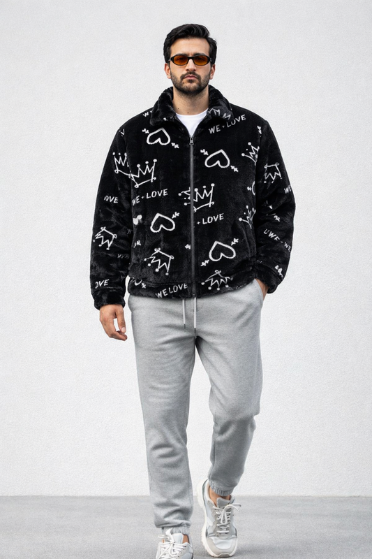 Black Printed Fur Jacket – Winter Casual Zip-Up Jacket