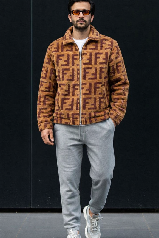 Brown Printed Fur Jacket – Stylish Winter Zip-Up Jacket