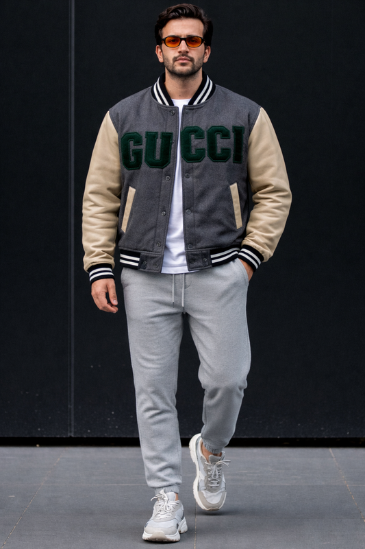 Grey & Beige Varsity Jacket with Front Letter Patch – Classic College Style