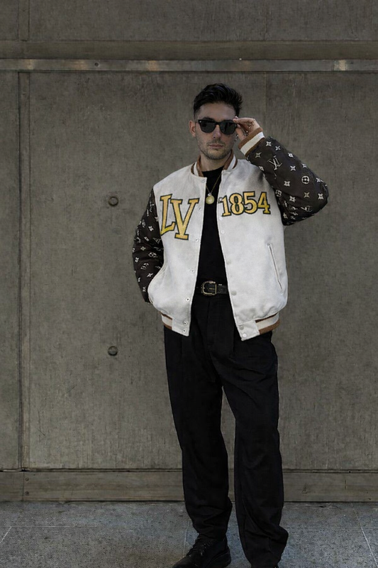 Cream & Brown Varsity Jacket with Letter & Number Patch – Classic College Style