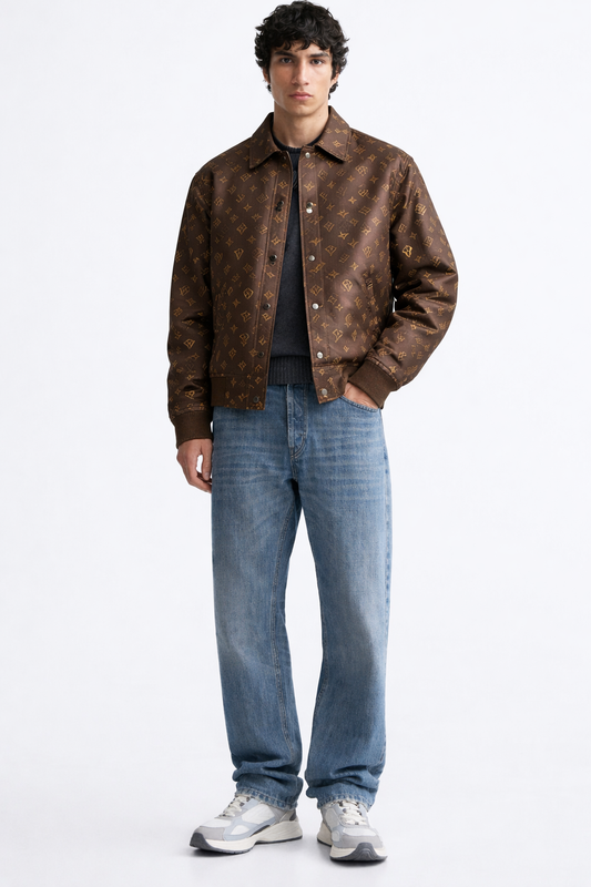 Brown Monogram Printed Jacket – Premium Casual Button-Up Jacket