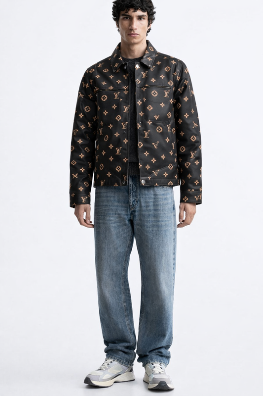 Black Monogram Printed Jacket – Premium Casual Button-Up Jacket