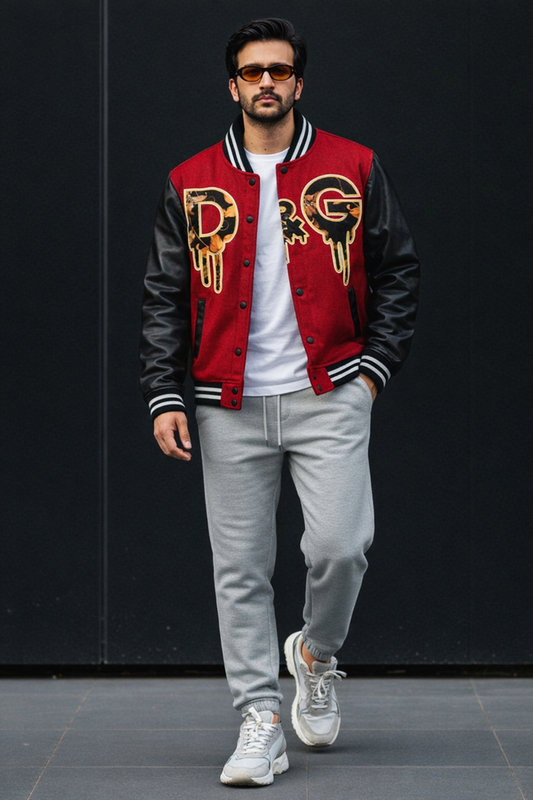 Red & Black Varsity Jacket with Graphic Front Print – Premium Bomber Style