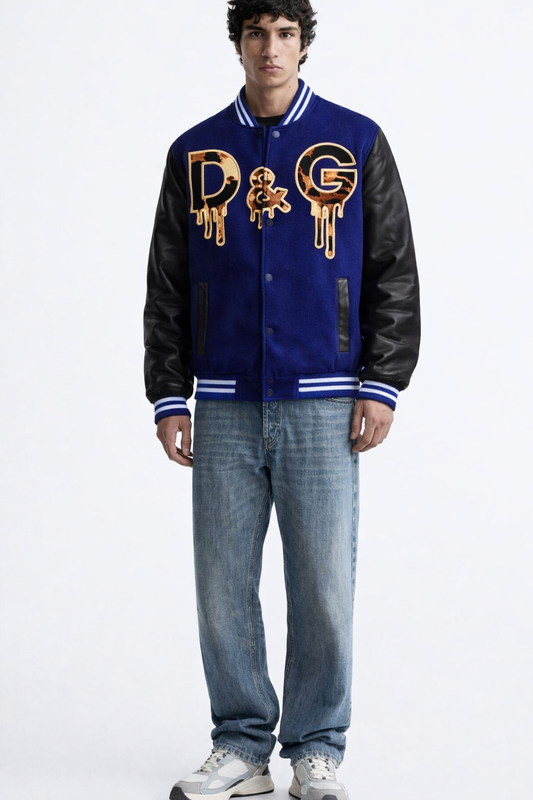 Blue & Black Varsity Jacket with Graphic Front Print – Premium Bomber Style