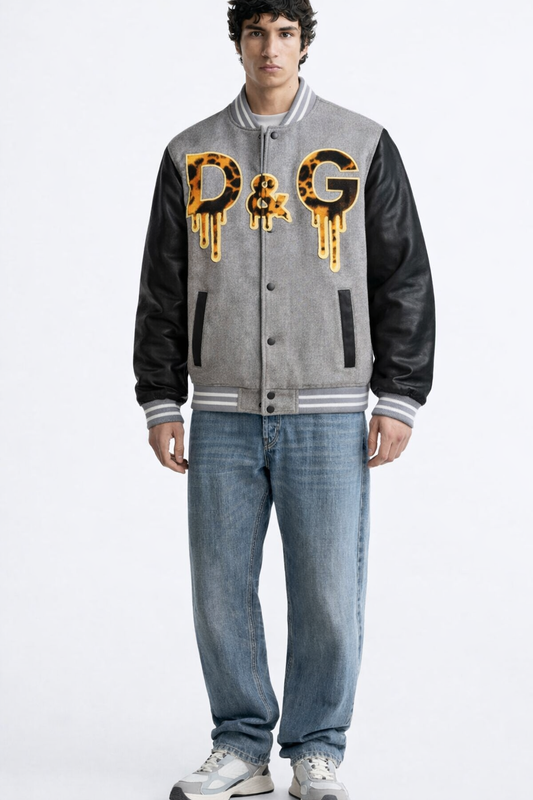 Grey & Black Varsity Jacket with Graphic Front Print – Premium Bomber Style