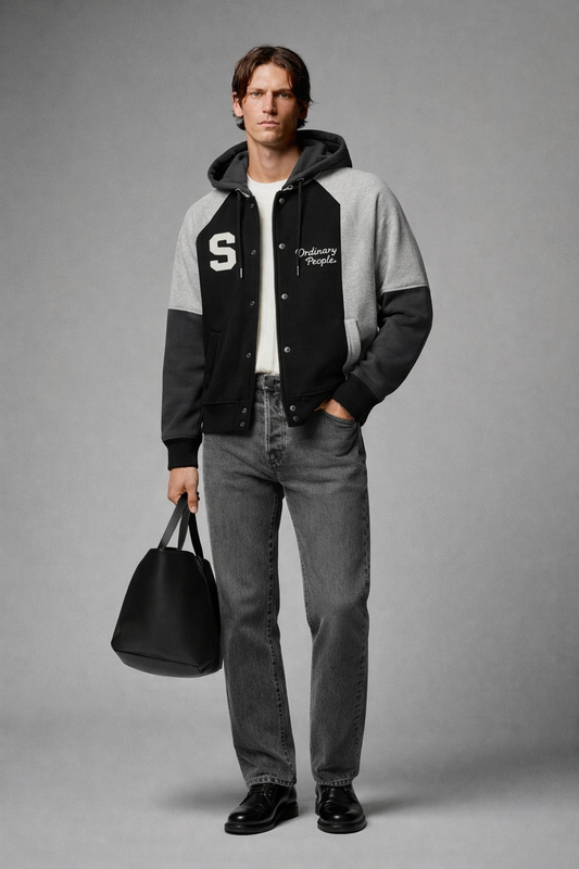 Men’s Black & Grey Varsity Hoodie Jacket – Snap Button Closure