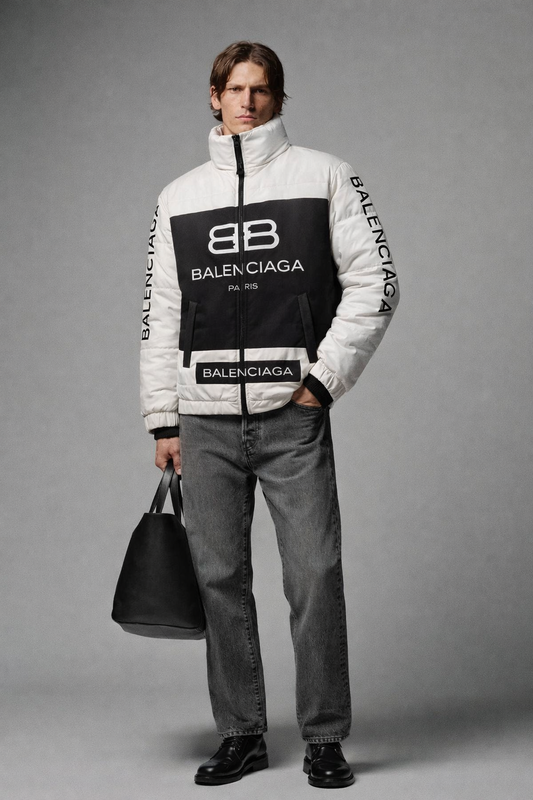 Black & White Puffer Jacket with Bold Logo Print – High Neck Zip Closure