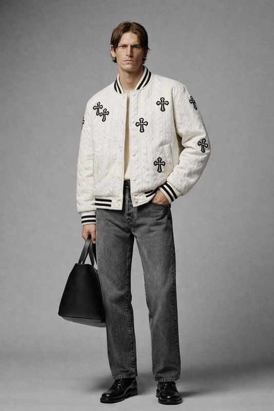 White Quilted Varsity Jacket with Embroidered Cross Motifs – Snap Button Closure