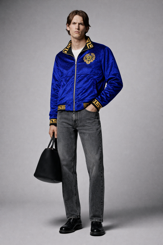 Royal Blue Velvet Jacket with Gold Embroidery – Zip-Up Luxury Style