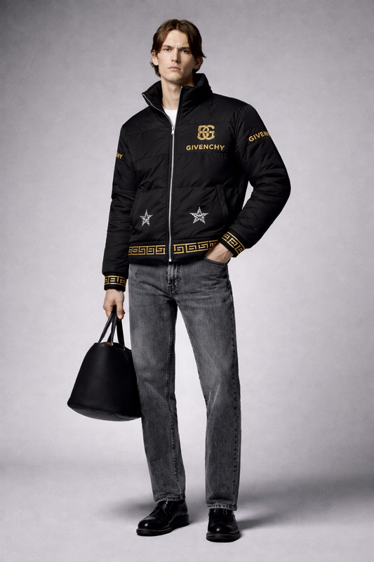 Black Puffer Jacket with Gold Logo Print – High Neck Zip Closure
