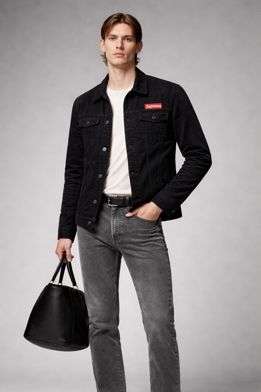 Black Corduroy Jacket with Button Closure & Chest Logo Patch