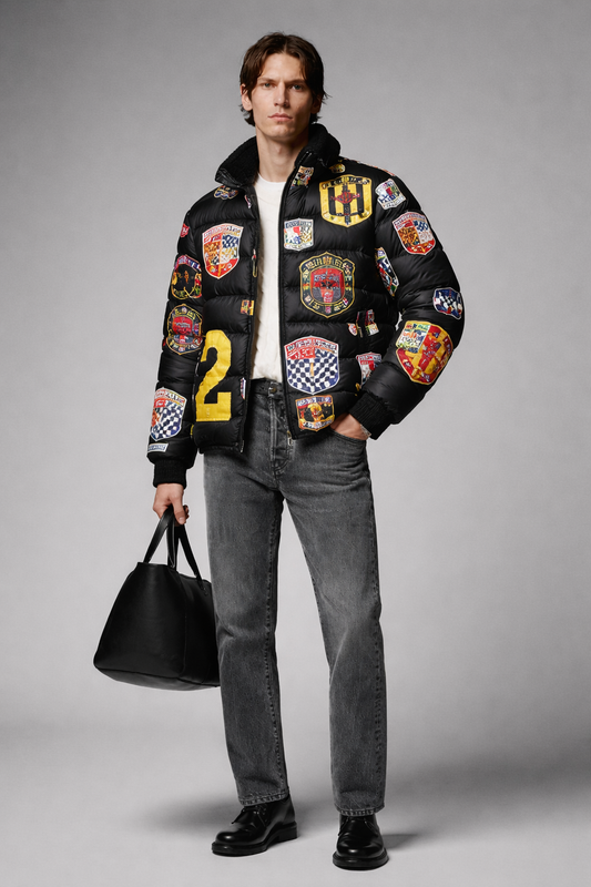 Black Patchwork Puffer Jacket with Football Club Prints – High Neck Zip-Up