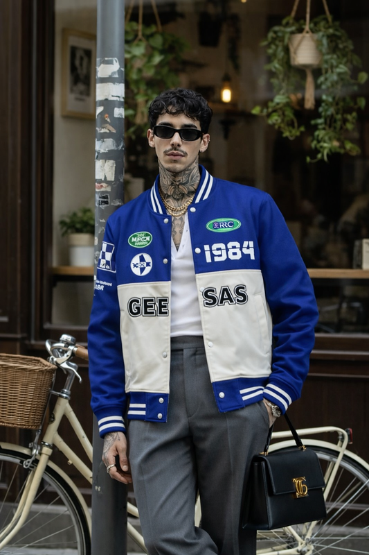 Men’s Royal Blue & Cream Varsity Jacket – Racing Patch Edition