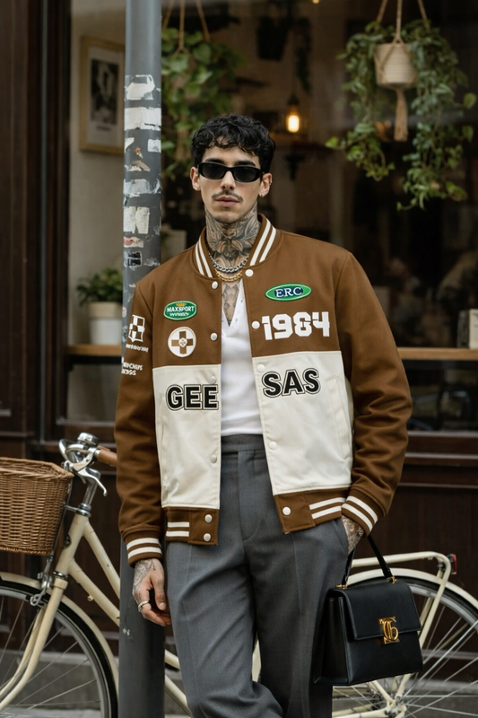 Men’s Brown & Cream Varsity Jacket – Racing Badge Edition