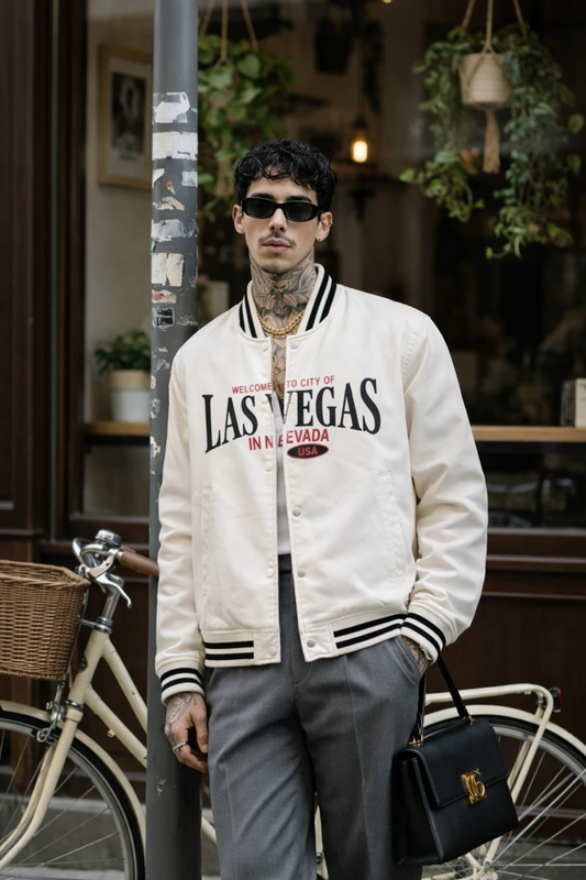 White Varsity Jacket with Las Vegas Print – Snap Button Bomber Style